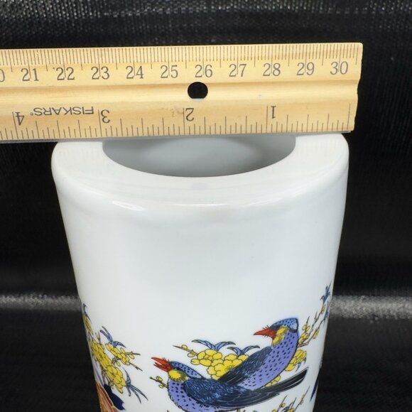 Vintage Oriental Chinese Calligraphy Ceramic Vase Vessel Raised Paint Birds VTG - Picture 4 of 16